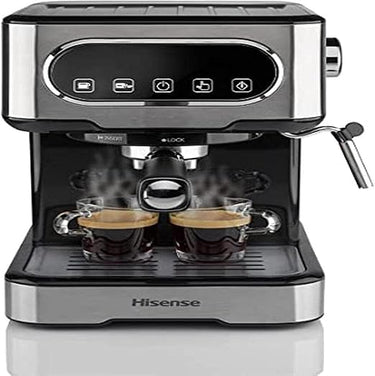 Hisense, HESCM15DBK Máquina espresso molida y compatible con ESE 44 mm, presión de 15 bar, pantalla táctil, 1100 W, plata, 27,4 x 30 x 27,2 cm
